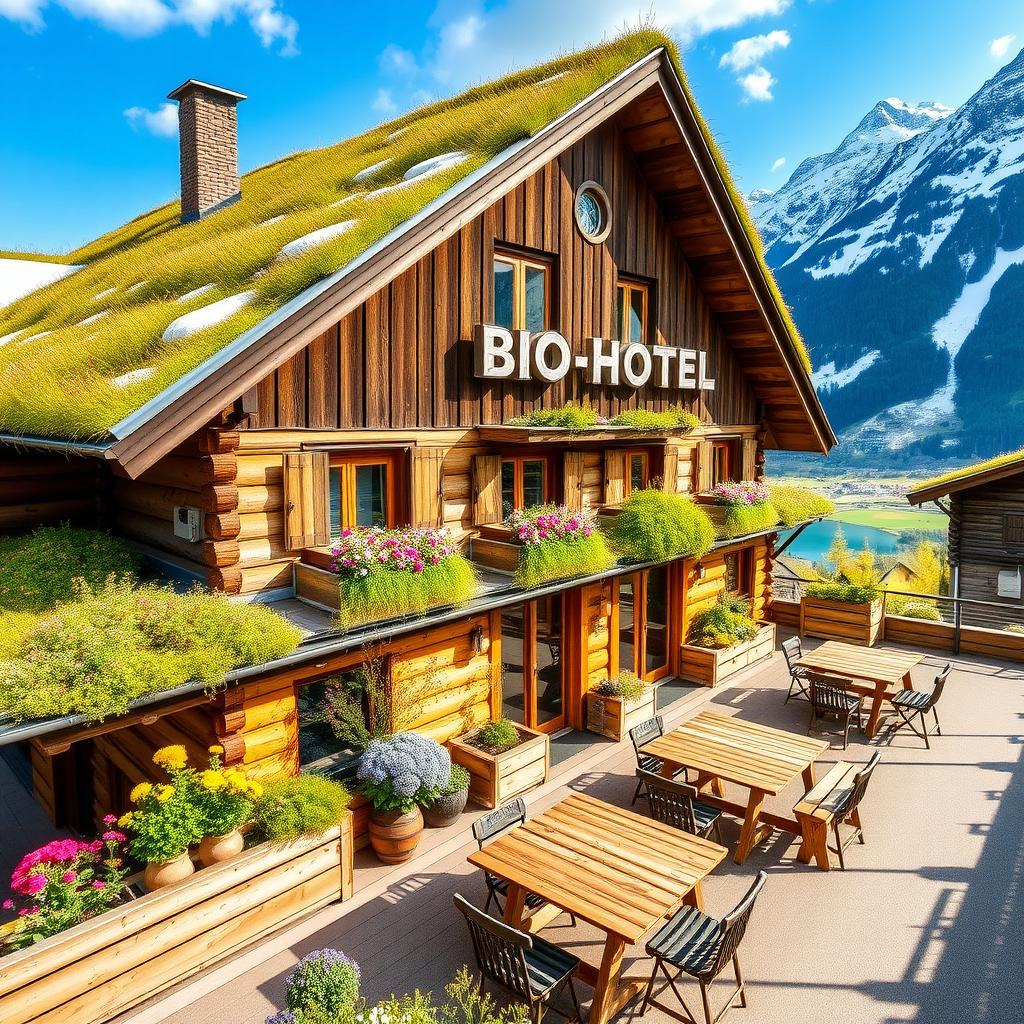 Charmantes Bio-Hotel in den österreichischen Alpen mit rustikaler Holzfassade und grünen Dächern, umgeben von schneebedeckten Gipfeln.