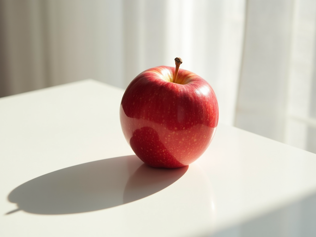 Ein einzelner roter Apfel auf einem schlichten weißen Tisch.