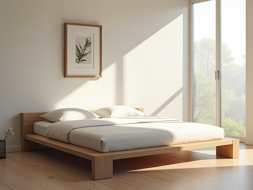 Ein minimalistisches Schlafzimmer mit einem niedrigen Holzbett, weißer Bettwäsche und einem einzelnen Kunstwerk an der Wand, durchflutet von sanftem Sonnenlicht.