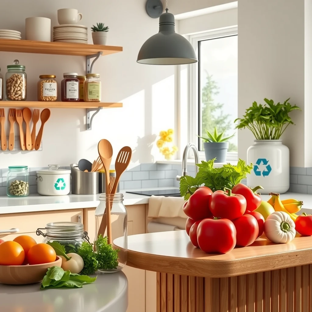Moderne Küche mit wiederverwendbaren Produkten, Kompostbehälter und Recycling-Stationen – der Einstieg in weniger Abfall