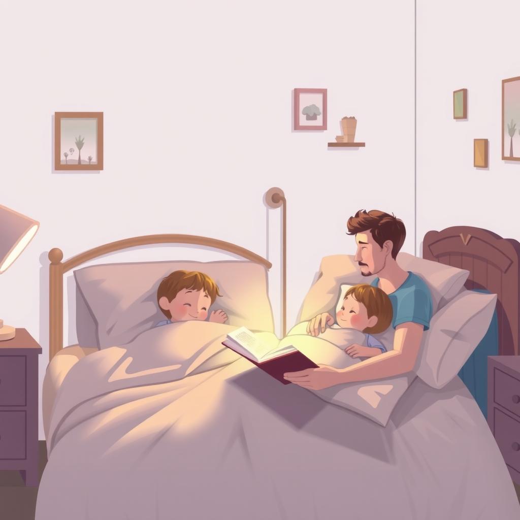 Ruhige Abendstimmung im Familien-Schlafzimmer, ein Elternteil liest zwei Kindern eine Gutenachtgeschichte vor, beleuchtet von sanftem Lampenlicht.