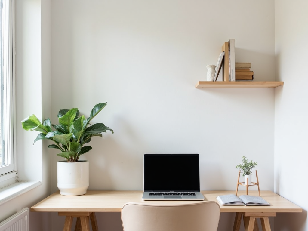 Ein minimalistisches Homeoffice mit einem einfachen Schreibtisch und wenig Ablenkung.