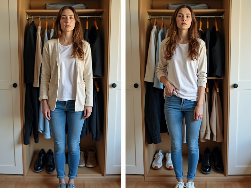 Gestresste Person vor überfülltem Kleiderschrank vs. entspannte Person mit minimalistischem Kleiderschrank.