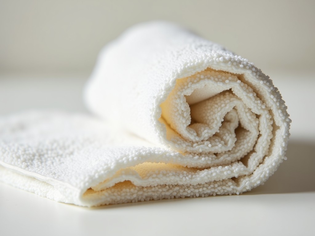 A close-up of a folded plush, organic cotton towel in neutral colors, emphasizing texture and quality.