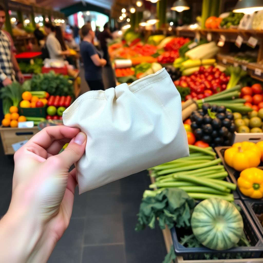Eine Person kauft frisches Obst und Gemüse auf einem Wochenmarkt, ein Beispiel für nachhaltigen Einkauf.