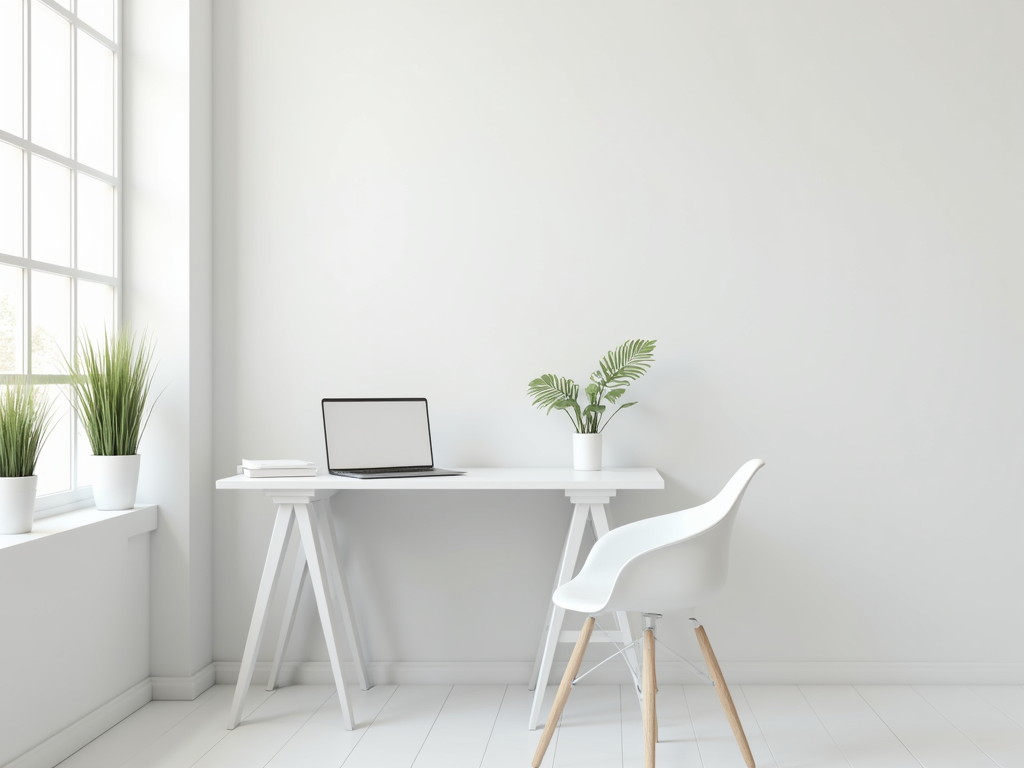 Minimalistischer Arbeitsplatz mit Schreibtisch und Pflanze.