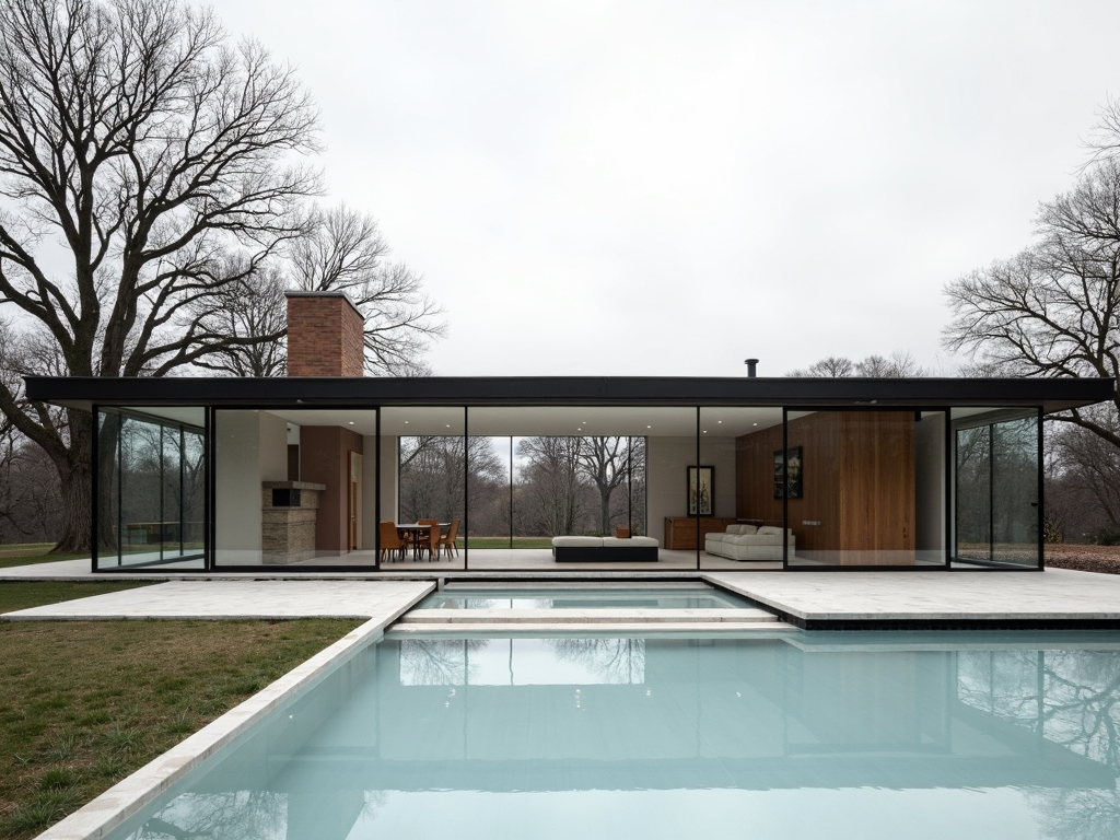 Das Farnsworth House von Mies van der Rohe, ein minimalistisches Haus mit Glaswänden.