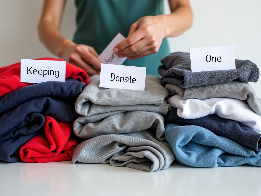 Person sortiert Kleidung in drei Stapel: behalten, spenden, entsorgen.