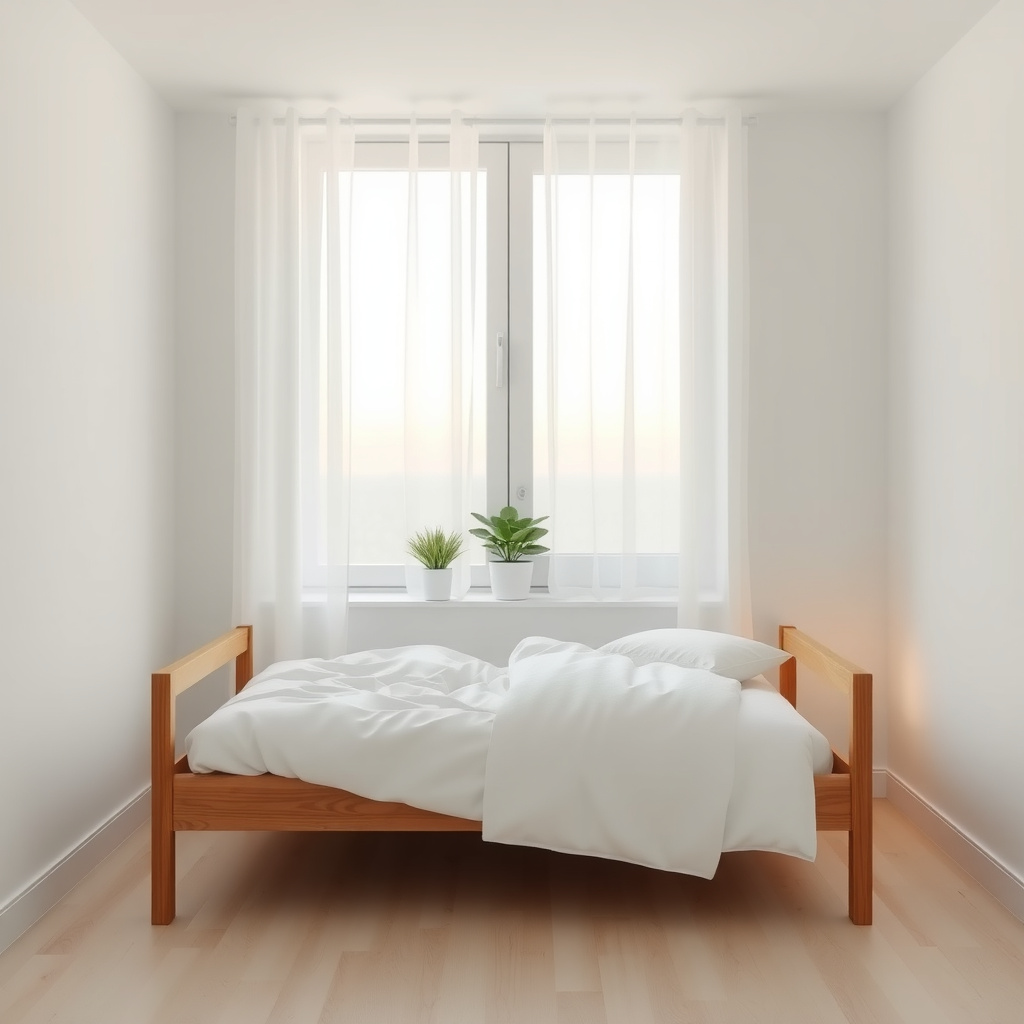Ruhiges minimalistisches Schlafzimmer bei Sonnenaufgang