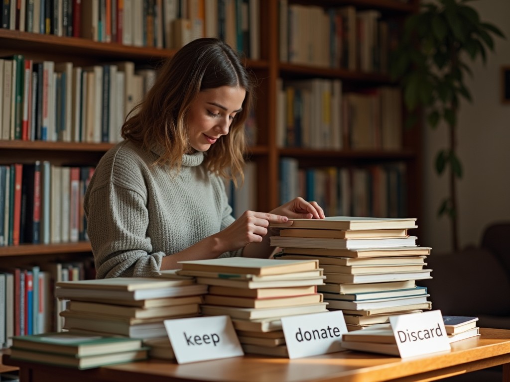 Person sorting books into piles for keeping, donating, and discarding.