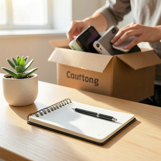Minimalistischer Schreibtisch beim Ausmisten digitaler Geräte