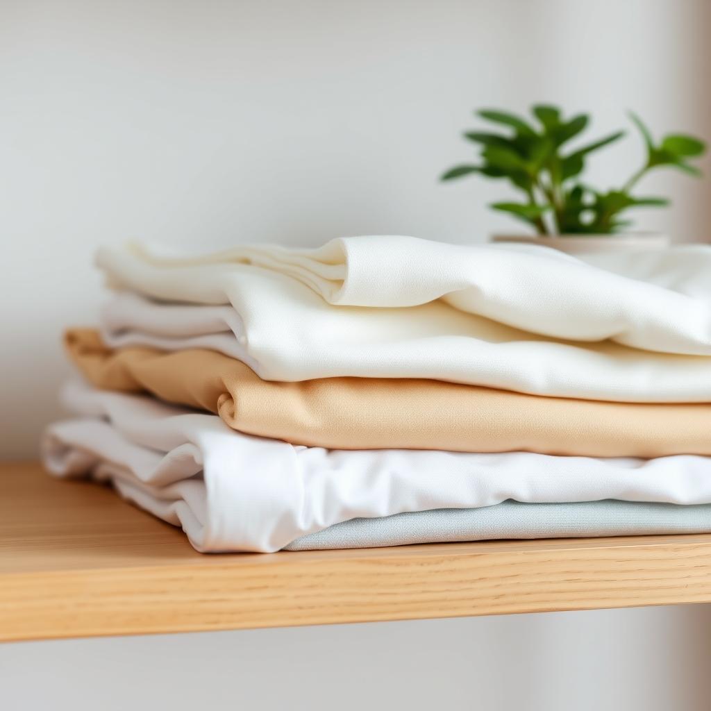 Nahaufnahme von ordentlich gefalteter minimalistischer Kleidung in neutralen Tönen auf einem Holzregal mit einer kleinen Topfpflanze im Hintergrund.