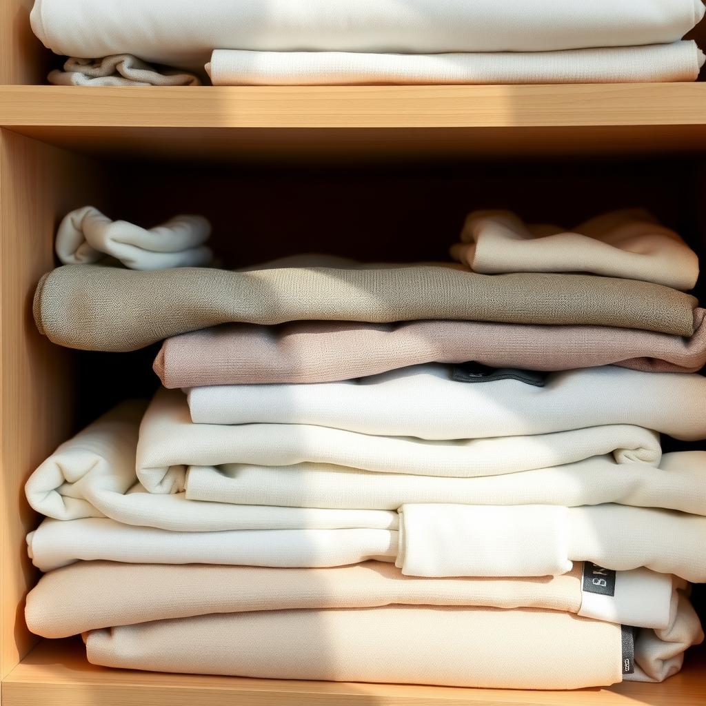 Nahaufnahme von ordentlich gefalteter Kleidung in neutralen Farben auf einem minimalistischen Holzregal.