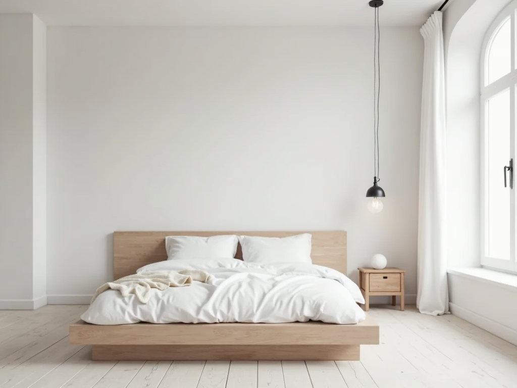 Ein minimalistisches Schlafzimmer mit einem niedrigen Plattformbett, weißer Bettwäsche und einer einzelnen Pendelleuchte von der Decke.