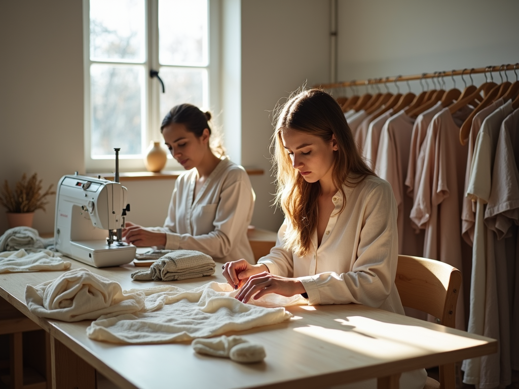 Eine nachhaltige Modewerkstatt mit Arbeitern, die Kleidung aus Bio-Stoffen nähen, umgeben von natürlichem Licht und Holzmöbeln.