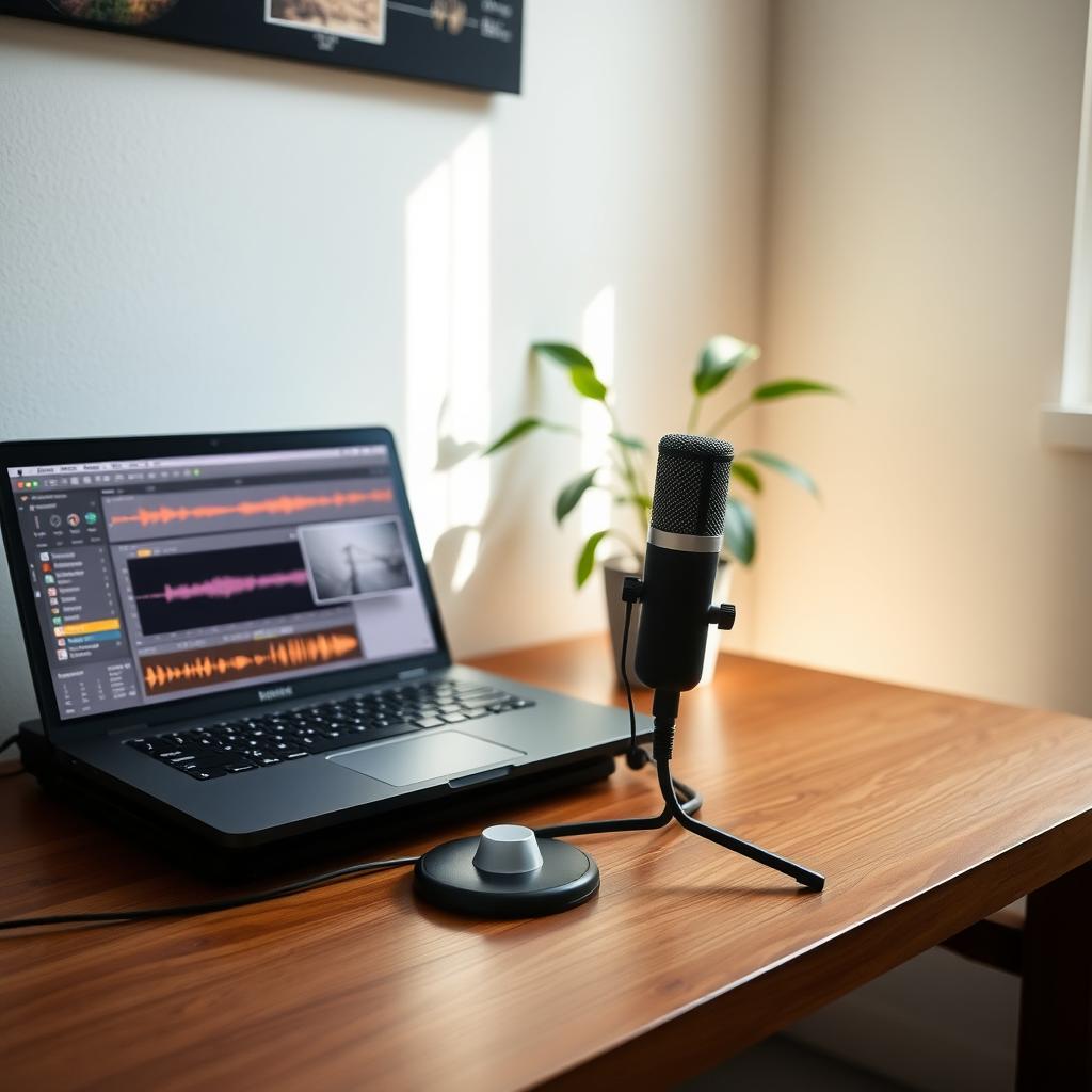 Ein minimalistisches Heimstudio mit einem Mikrofon auf einem Holztisch, einem Laptop mit Aufnahmesoftware, einer Pflanze im Hintergrund und weichem Tageslicht.