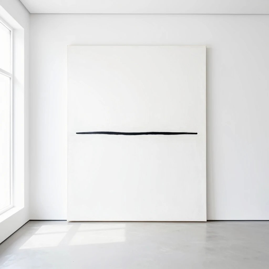 Minimalistisches Gemälde mit einer einzelnen schwarzen Linie auf weißem Grund