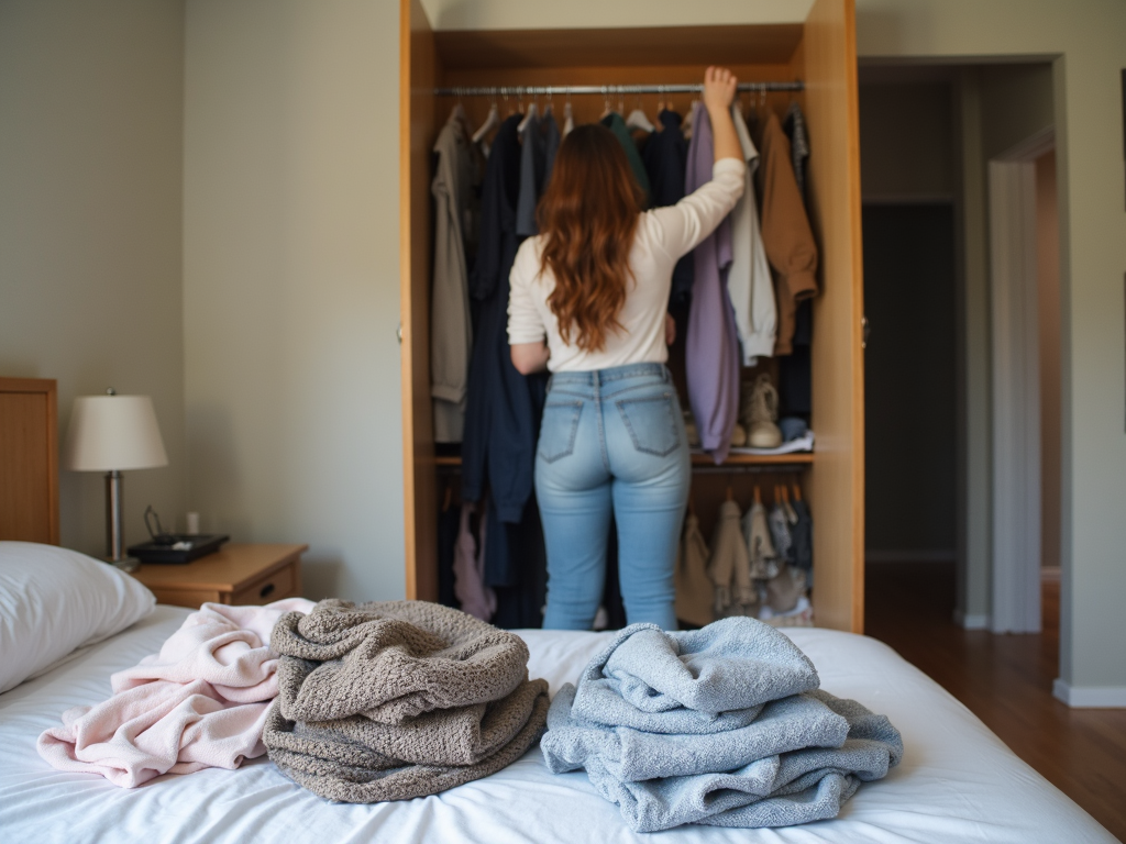 Person entrümpelt Kleiderschrank