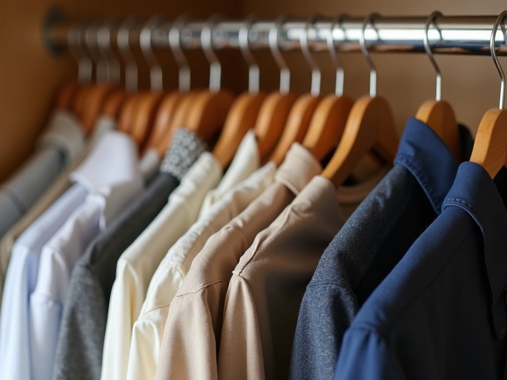Ein aufgeräumter Kleiderschrank mit nur wenigen, sorgfältig ausgewählten Kleidungsstücken.