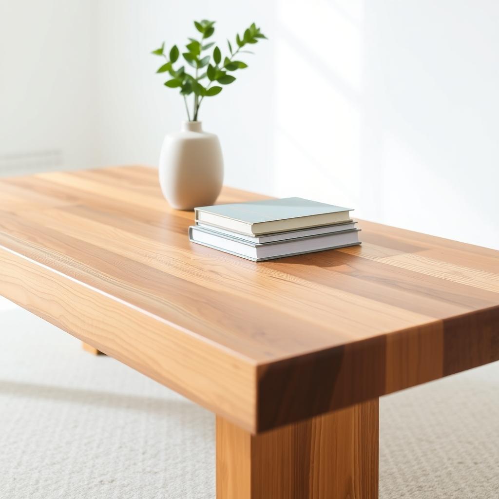 Minimalistischer Couchtisch aus recyceltem Holz mit einer Keramikvase, einer grünen Pflanze und zwei Hardcover-Büchern, vor einer weißen Wand mit weichem Tageslicht.
