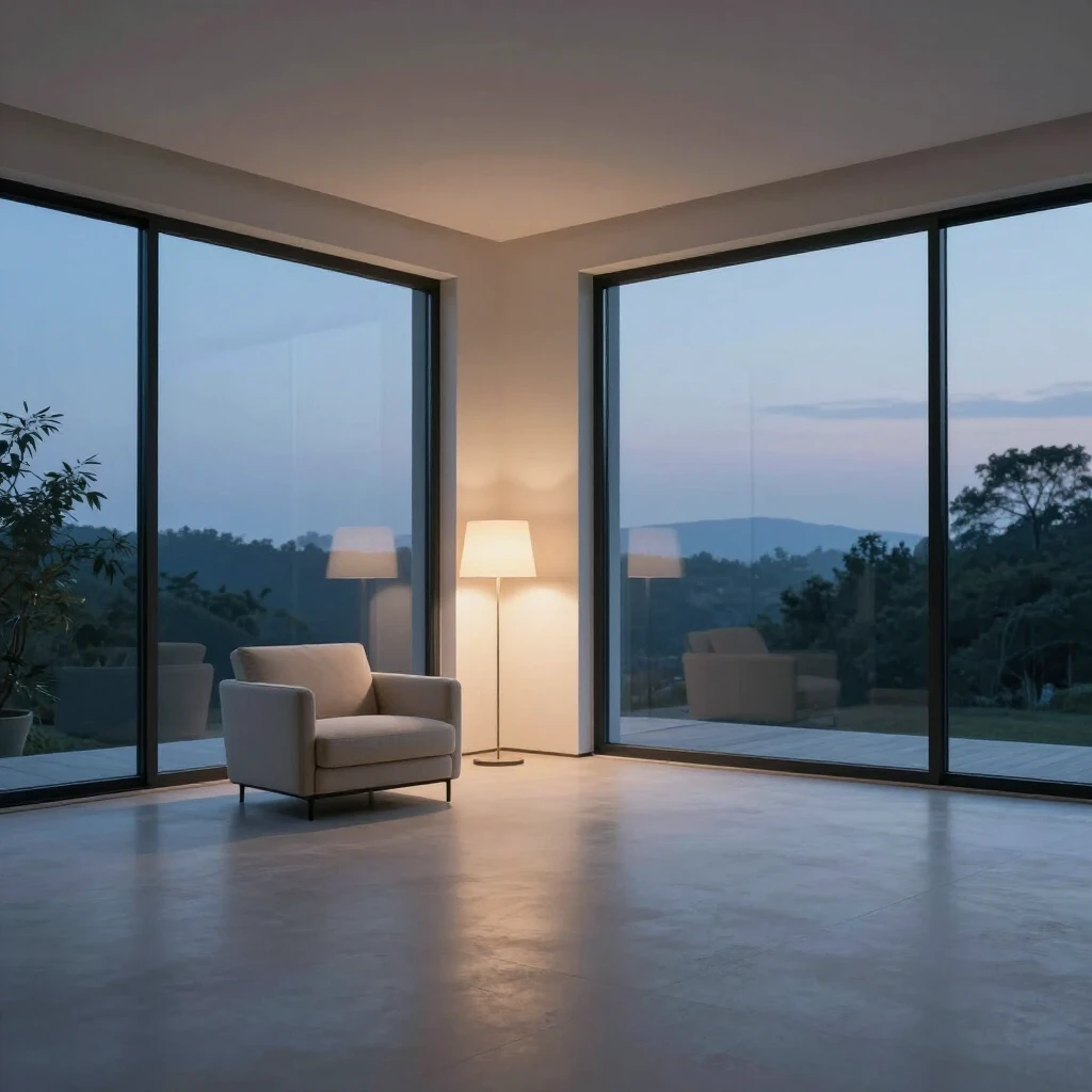 Geräumiges minimalistisches Wohnzimmer bei Dämmerung