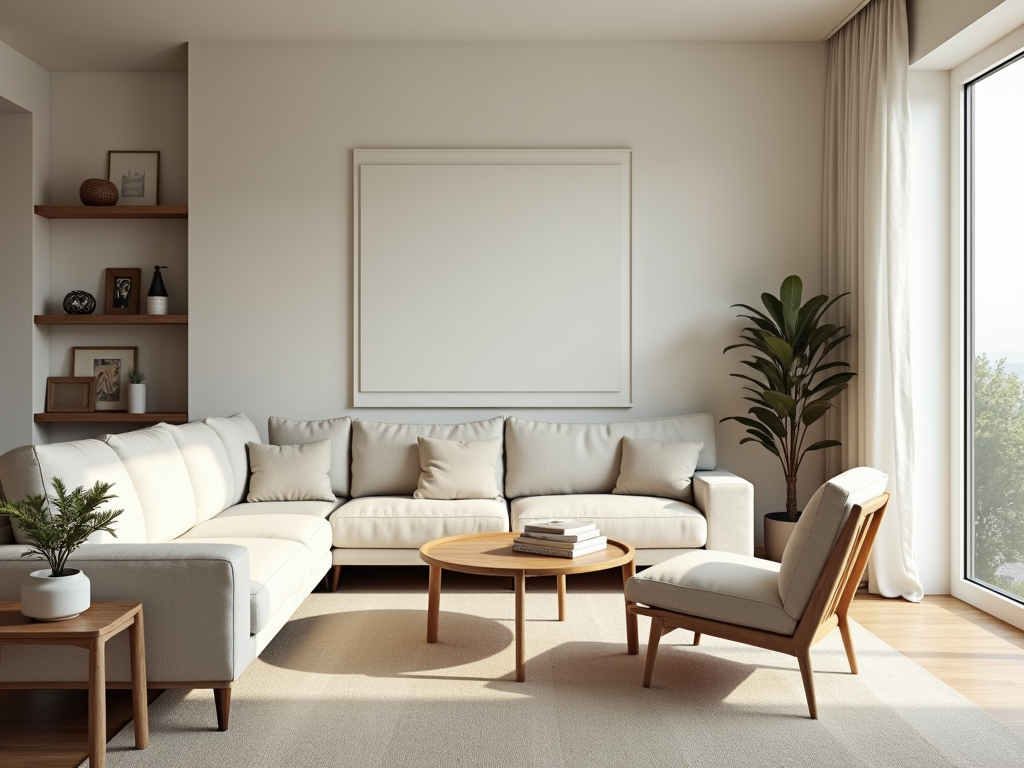 Ein minimalistisches Familienwohnzimmer mit natürlichem Licht und wenigen, ausgewählten Dekorationsgegenständen.