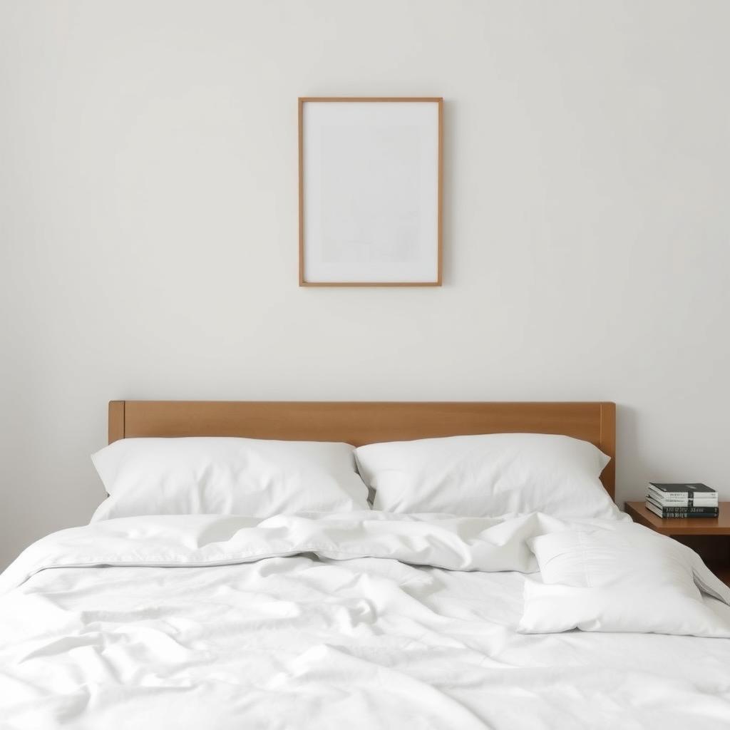 Ein ruhiges Schlafzimmer mit einem ordentlich gemachten Bett, weißer Bettwäsche, einem minimalistischen Kunstwerk an der Wand und einem kleinen Stapel Bücher auf dem Nachttisch.