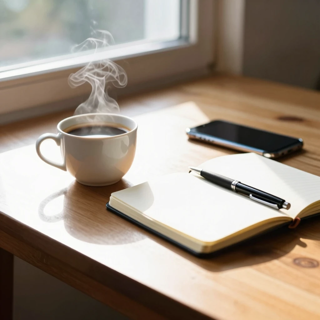 Ruhiger Morgen mit Kaffee und Notizbuch, Smartphone im Hintergrund