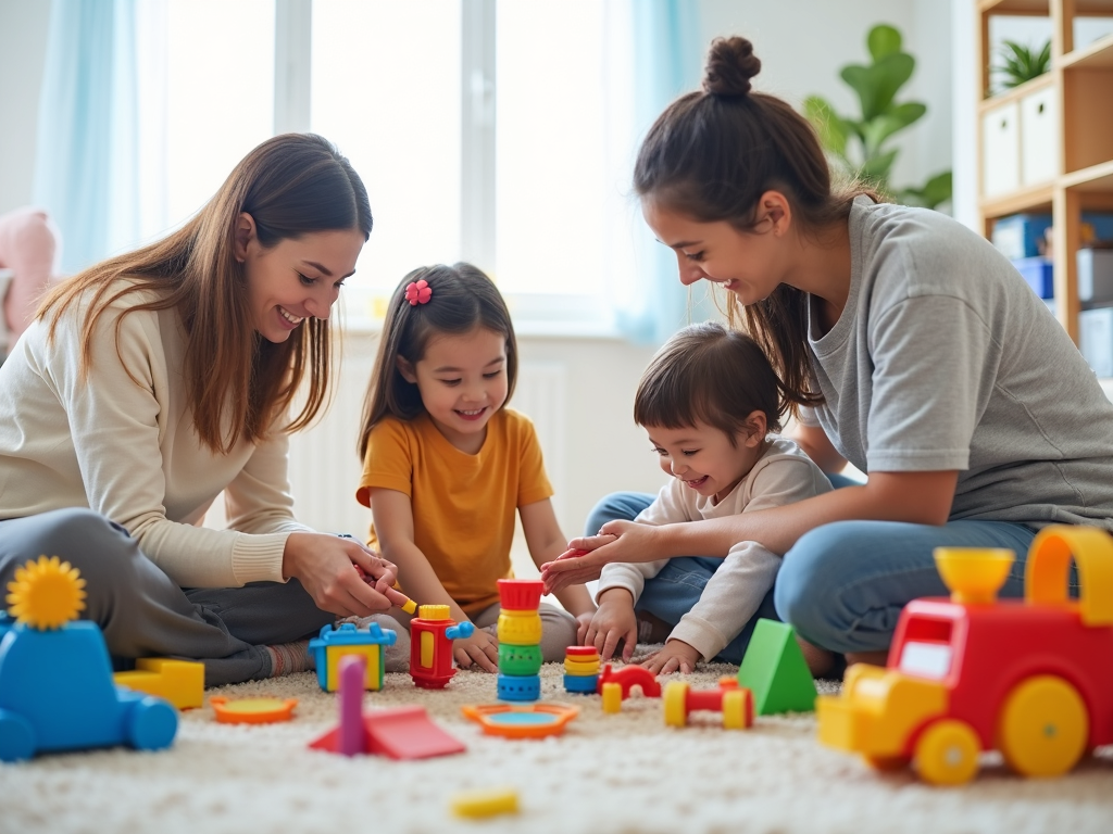 Familie beim gemeinsamen Aufräumen im Kinderzimmer
