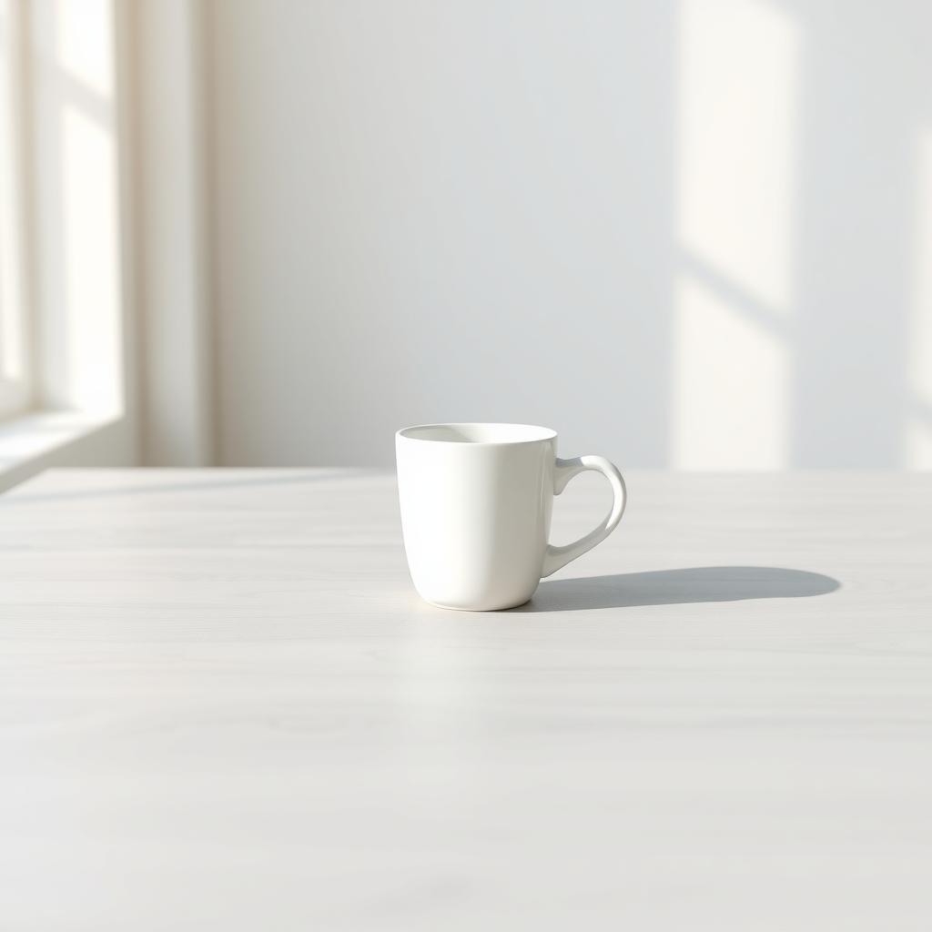 Eine weiße Kaffeetasse auf einem hellgrauen Holztisch, beleuchtet von sanftem Tageslicht.