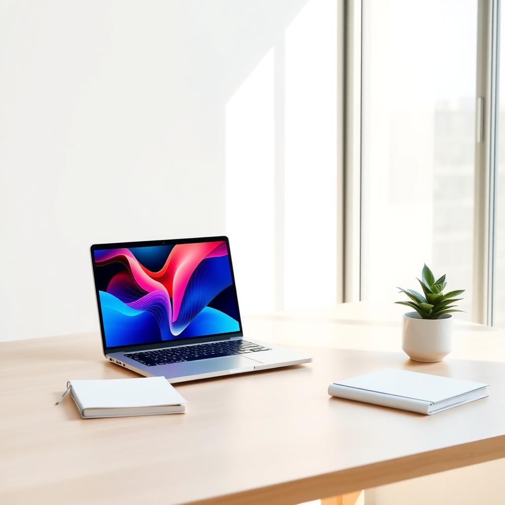 Minimalistischer Arbeitsplatz mit Laptop, der ein KI-generiertes Kunstwerk zeigt, einem kleinen Topfpflanz und einem Notizbuch.