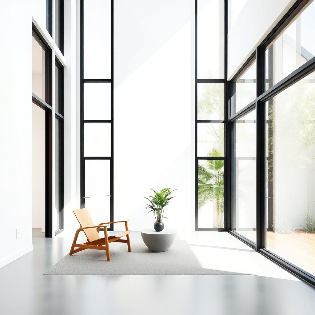 Minimalistisches Wohnzimmer mit großen Fenstern, weißen Wänden, einem Holzstuhl und einem Betontisch, beleuchtet durch natürliches Licht.