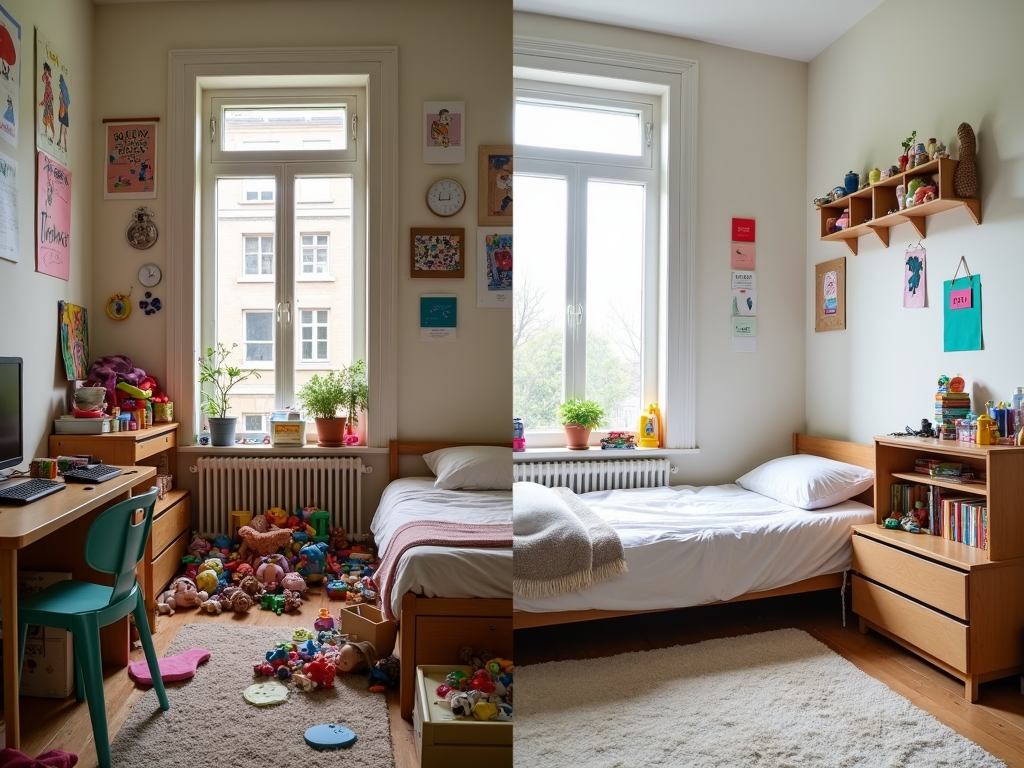 Vorher-Nachher-Bild: Links ein unaufgeräumtes Kinderzimmer, rechts dasselbe Zimmer minimalistisch gestaltet.