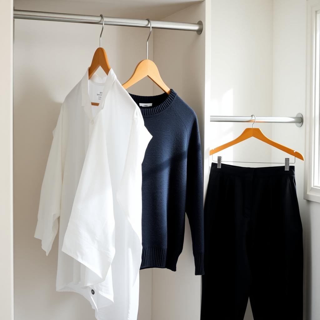 Minimalistischer Kleiderschrank mit nachhaltiger Kleidung, darunter ein weißes Leinenhemd, ein marineblauer Wollpullover und eine schwarze Stoffhose.