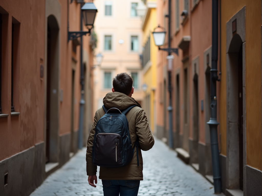 Ein Reisender geht durch eine schmale, kopfsteingepflasterte Straße in einer alten europäischen Stadt, mit einem kleinen Rucksack, und blickt staunend auf die Architektur.