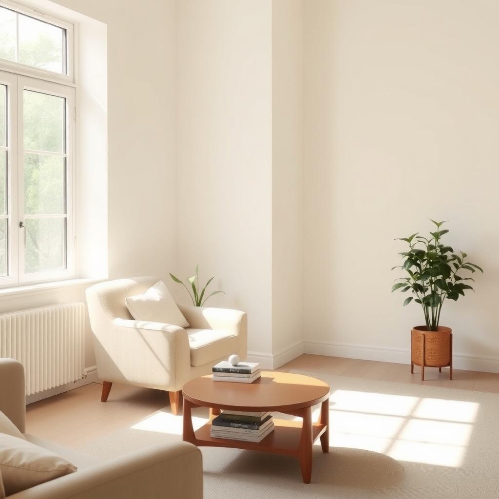 Ein gemütliches, minimalistisches Wohnzimmer mit einem Sessel, einem kleinen Holztisch und einer Topfpflanze in der Ecke, beleuchtet von weichem Tageslicht.