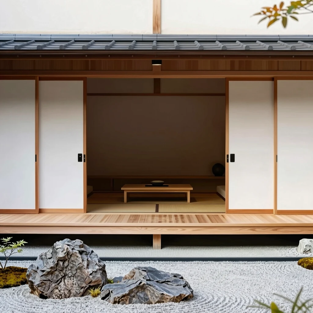 Ein traditionelles japanisches minimalistisches Haus mit klaren Linien, Holz und einem ruhigen Zen-Garten