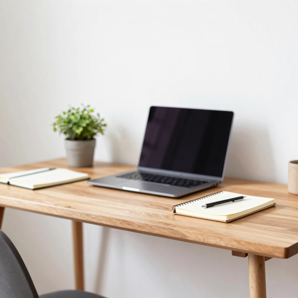 Ein minimalistischer Arbeitsplatz mit Schreibtisch, Laptop und Pflanze