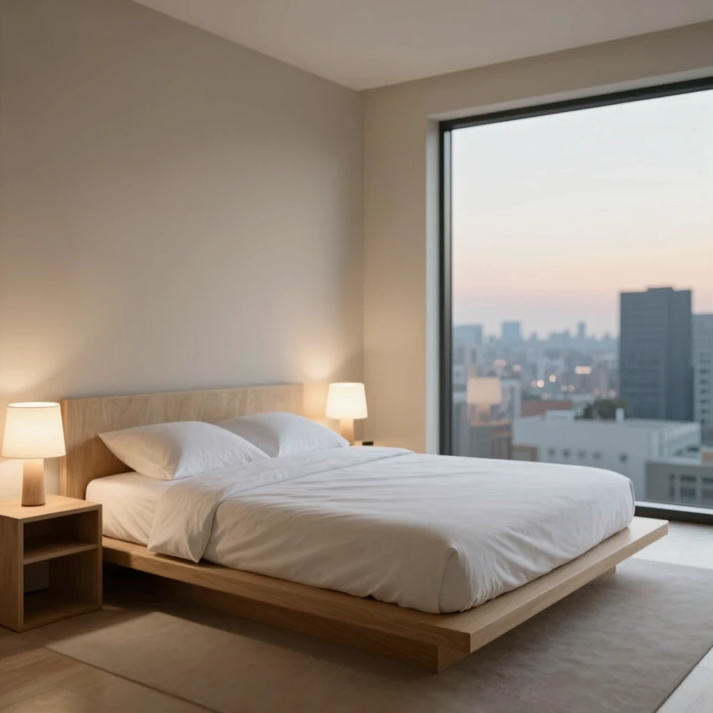 Ruhiges minimalistisches Schlafzimmer bei Dämmerung