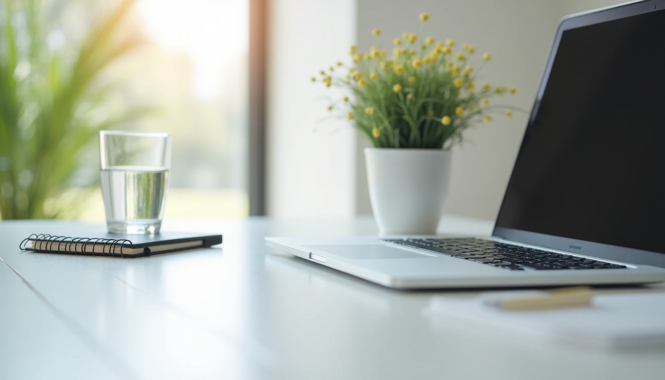 Ein aufgeräumter Schreibtisch mit Laptop, Notizbuch und Wasserglas im natürlichen Licht