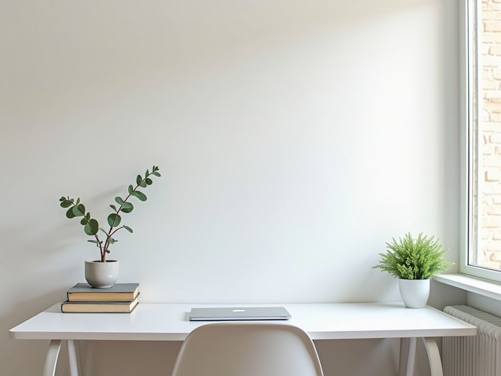 Minimalistisches Büro mit hellem Schreibtisch und Pflanze