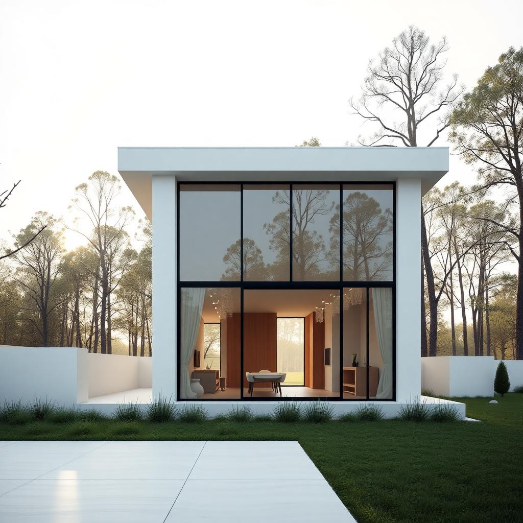 Minimalistisches Haus mit klaren Linien, großen Glasfenstern und einem flachen Dach, umgeben von einer ruhigen Naturlandschaft.