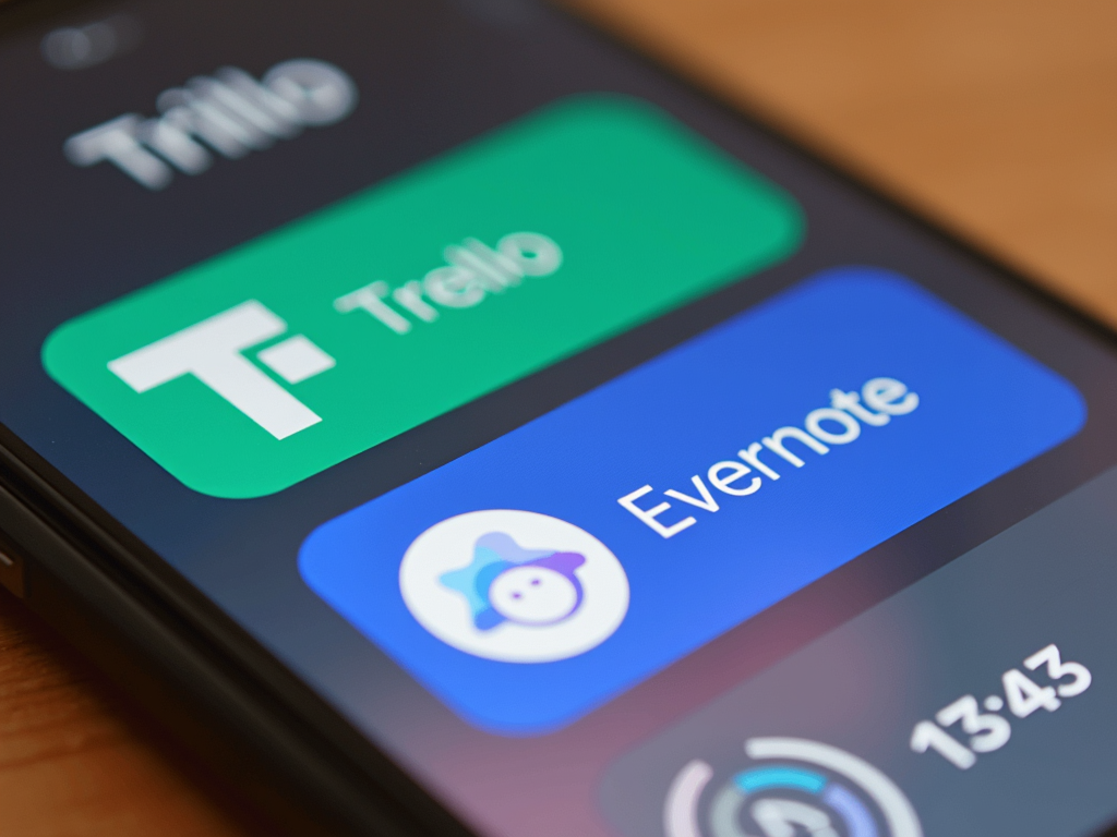 Ein Smartphone-Bildschirm zeigt Produktivitäts-Apps wie Trello, Evernote und eine Timer-App.