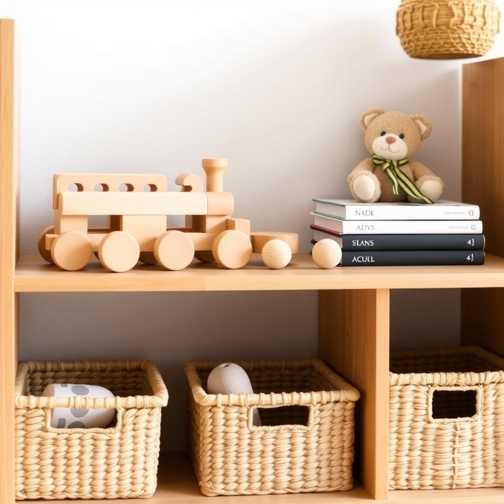 Ein minimalistisches Holzregal im Kinderzimmer mit wenigen hochwertigen Spielsachen wie einem Holz-Zugset, einem Kuscheltier und einem kleinen Bücherstapel, organisiert mit geflochtenen Körben.