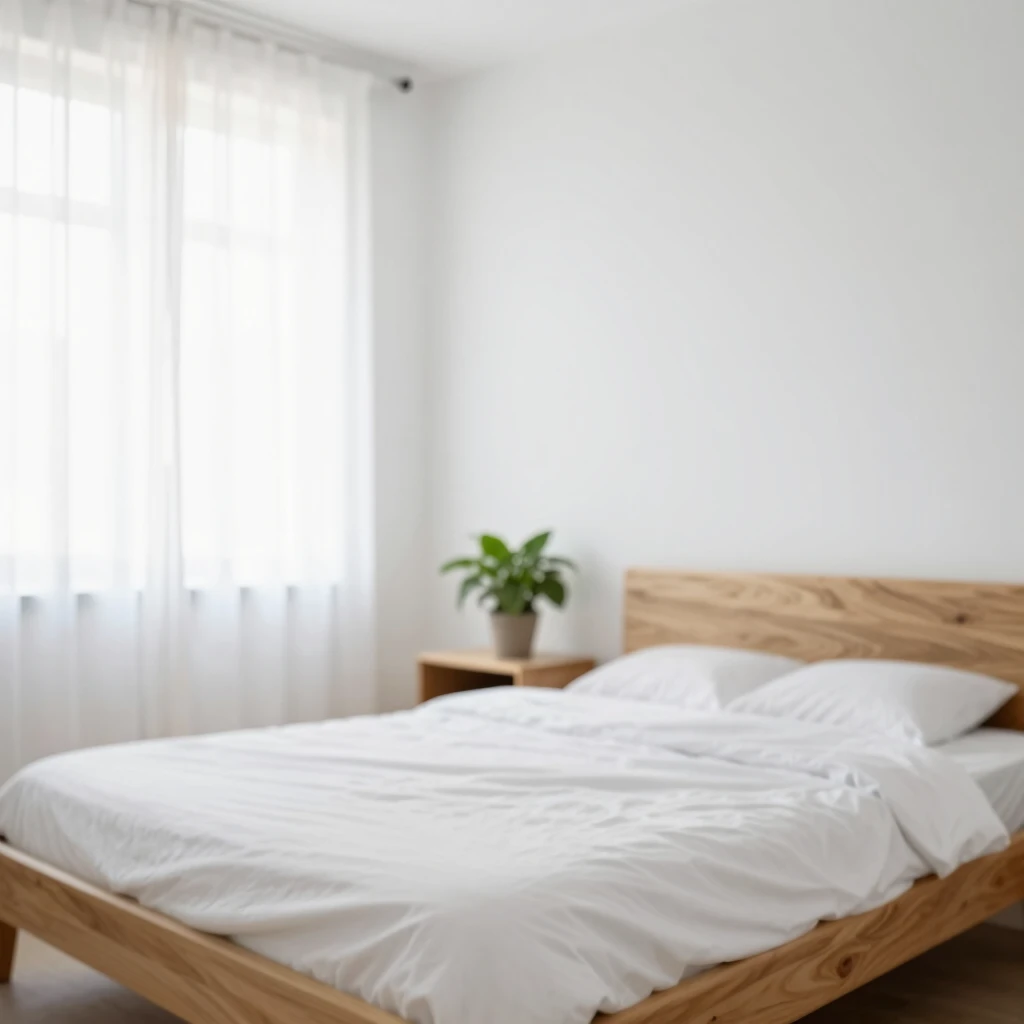 Ein minimalistisches Schlafzimmer bei Sonnenaufgang, das Ruhe und Einfachheit ausstrahlt.