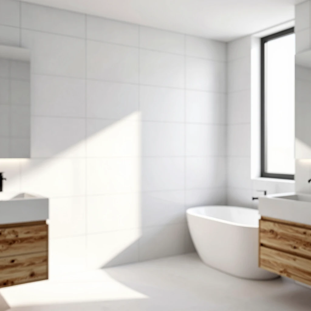Geräumiges minimalistisches Badezimmer mit weißer Fliesenwand, freistehender Badewanne und schwebendem Waschtisch