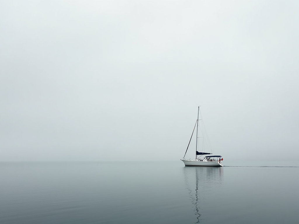 Ein weißes Segelboot auf grauem Meer unter bewölktem Himmel, ein minimalistisches Bild mit viel Raum.