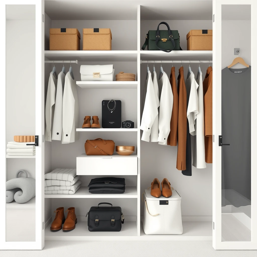 Aufgeräumter, minimalistischer Kleiderschrank mit wenigen ausgewählten Accessoires in neutralen Farben