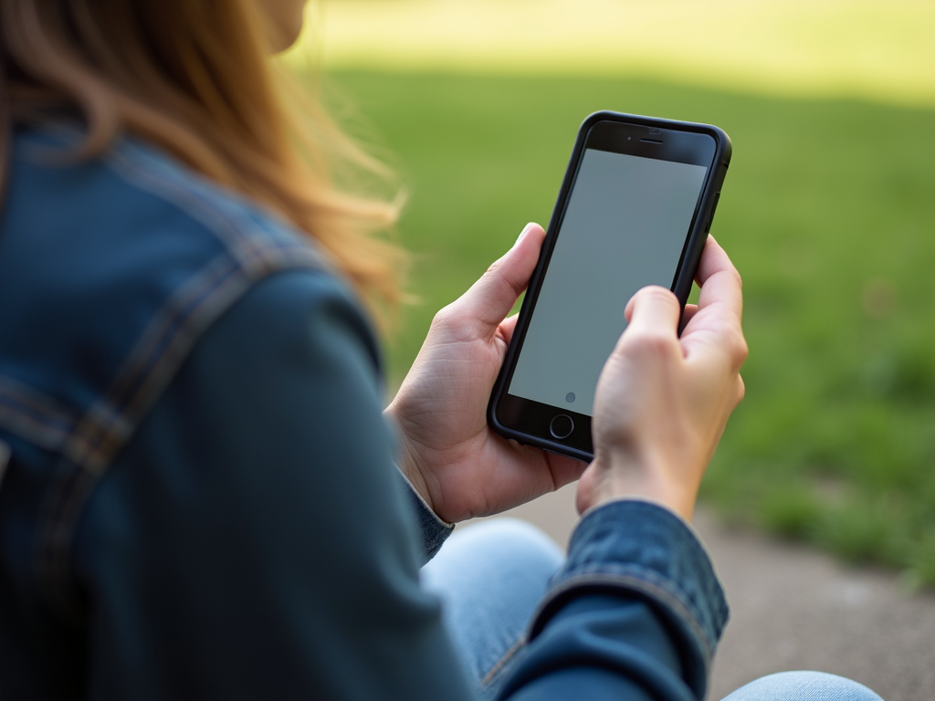 Eine Person sitzt draußen mit einem ausgeschalteten Handy und genießt einen ruhigen Moment.