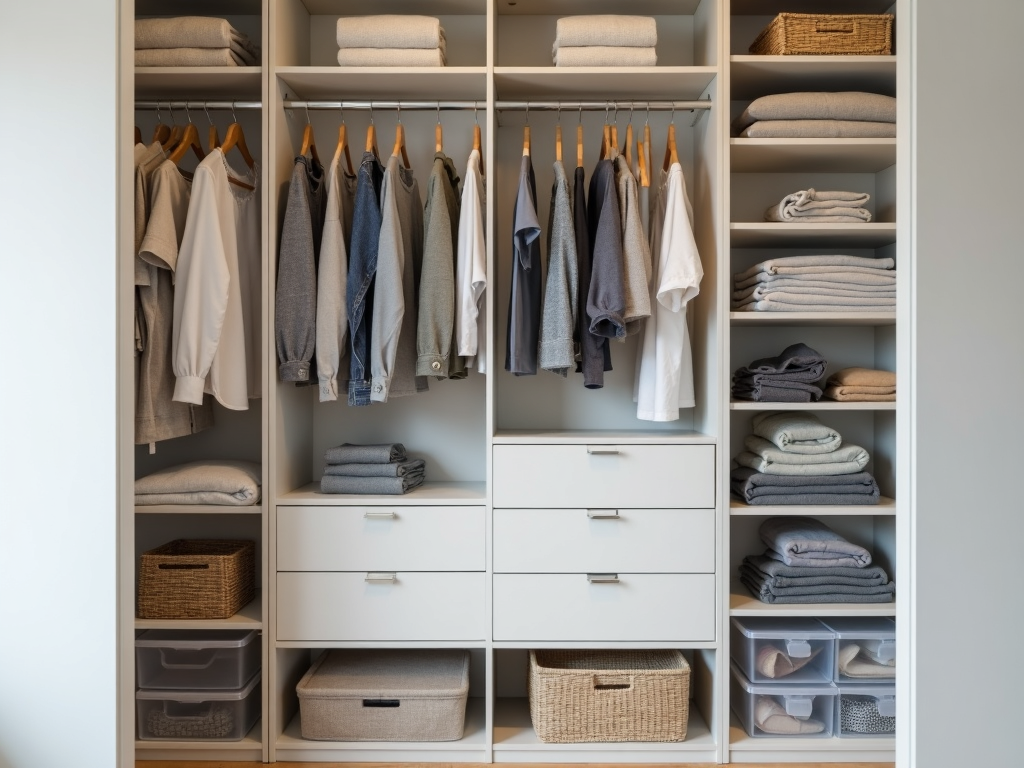 Ein wunderschön organisierter Kleiderschrank mit minimalistischer Ästhetik.